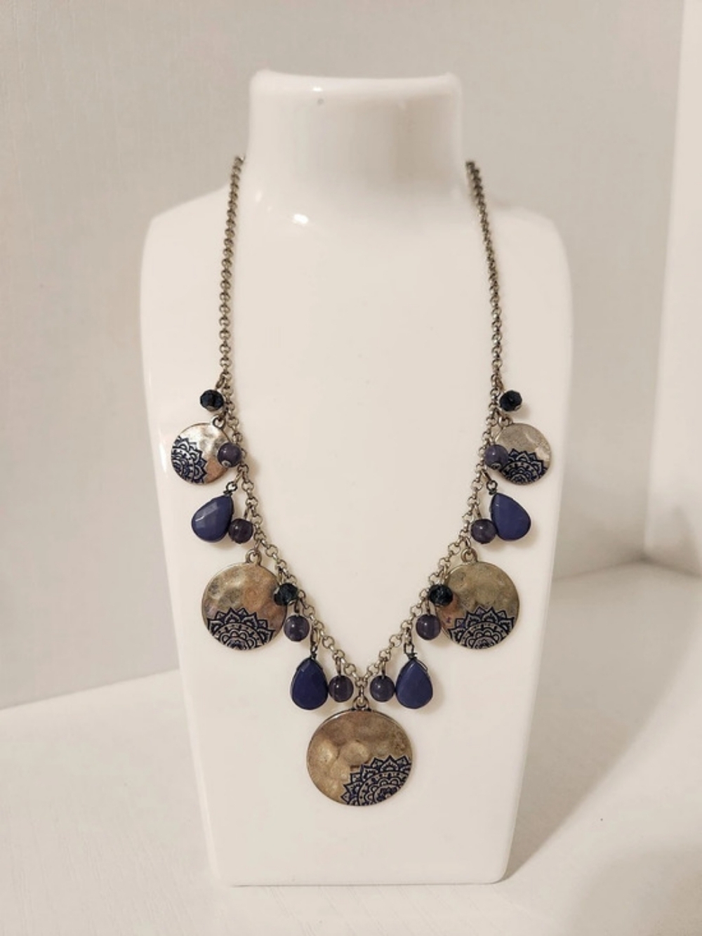 Blue & Gold Mandala Statement Charm Necklace Like New